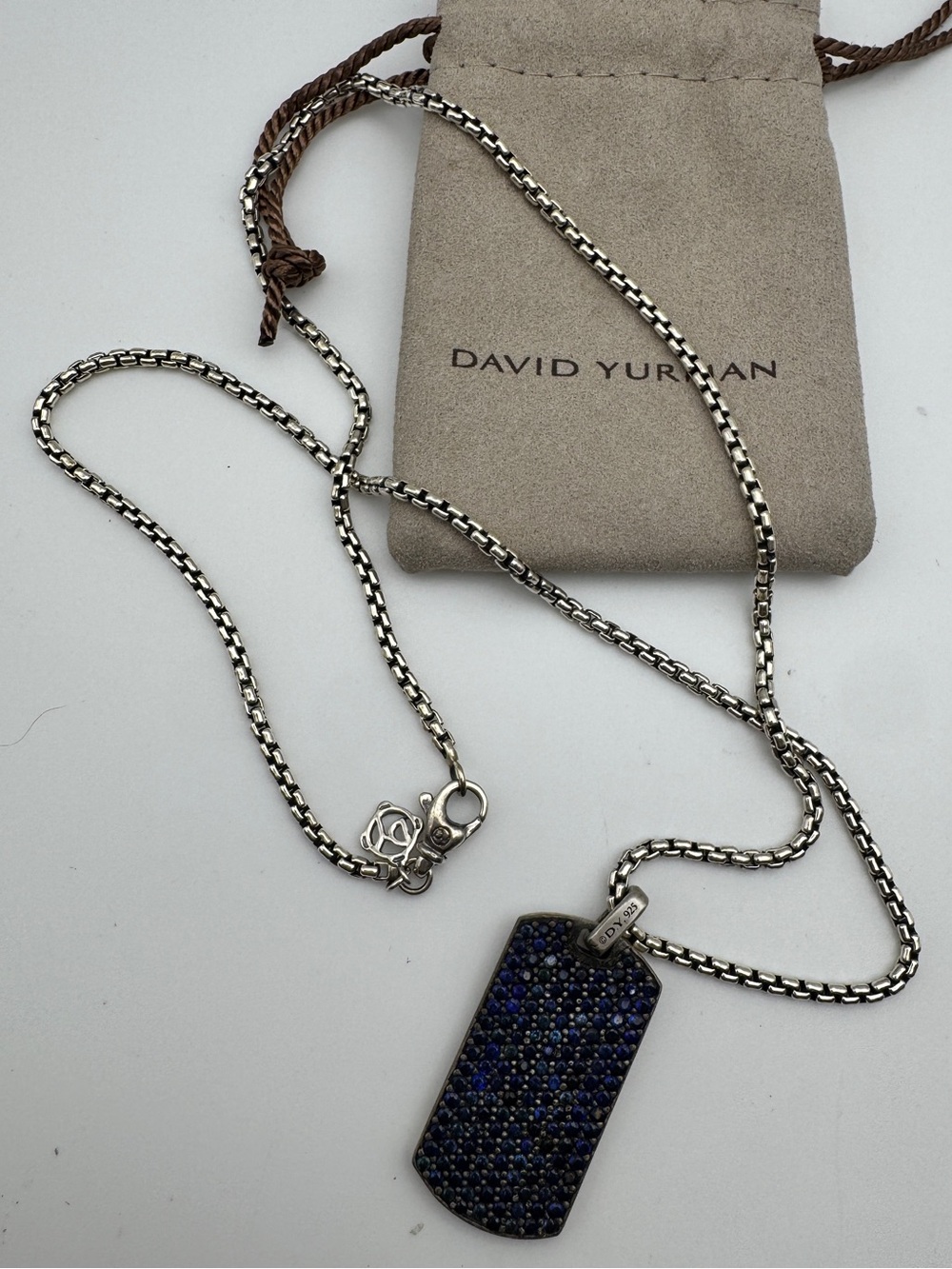 David Yurman Sterling Silver Sapphire Dog Tag Necklace